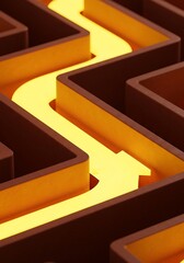 Illuminated yellow path through dark maze showing solution and clear direction forward