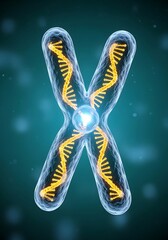 Detailed 3d rendering of a human chromosome x with a dna double helix inside glowing brightly