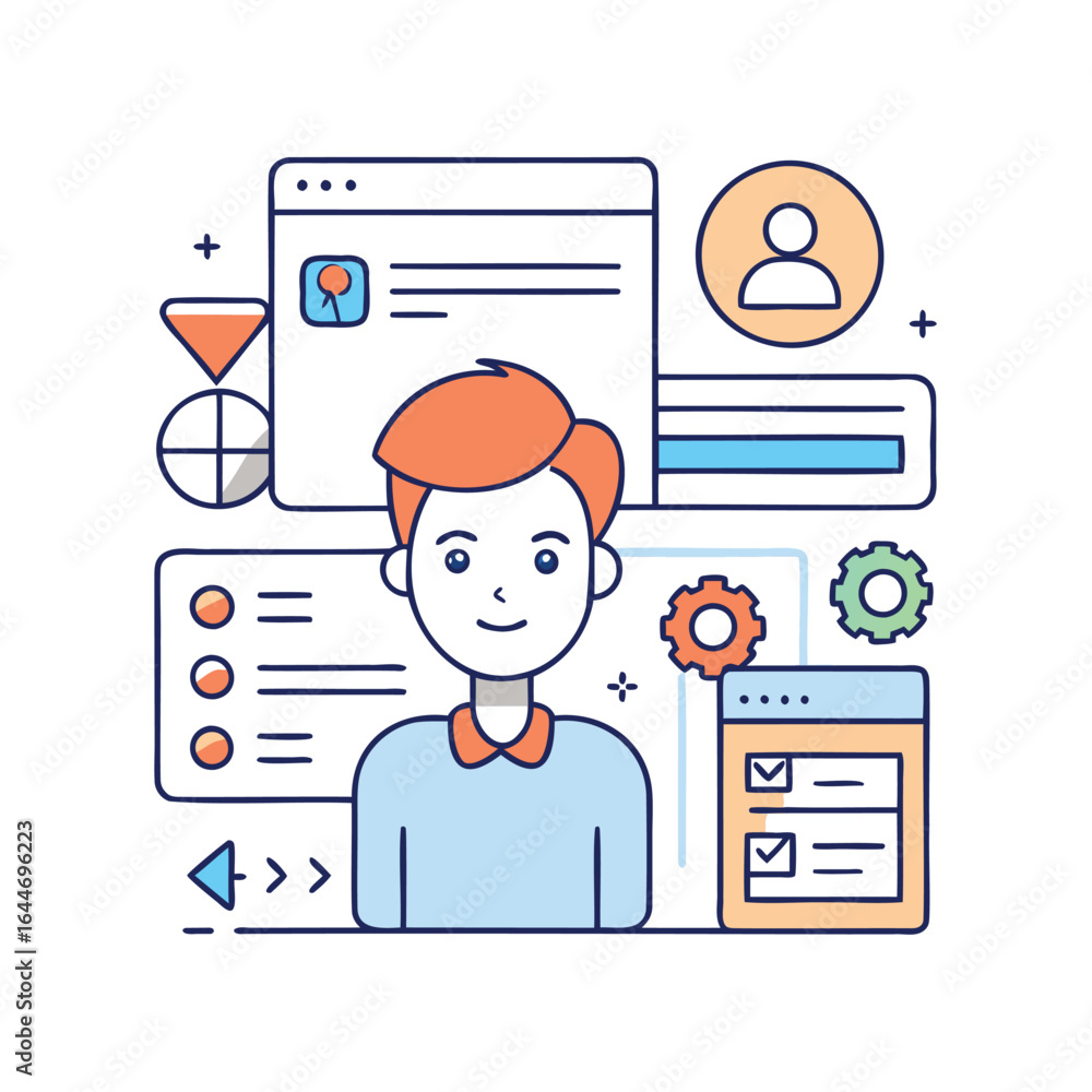 Aufkleber man surrounded by digital interfaces and progress bars