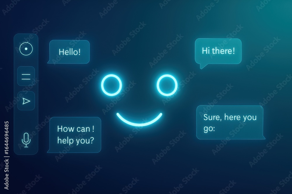 Poster minimal neon face ai chatbot interface with speech bubbles and digital assistant icons