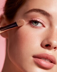 Closeup of a young woman using eyeshadow smooth radiant skin natural beauty look soft lighting isolated on a pastel background premium cosmetic photography