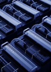 Rows of identical dark electronic devices with glowing blue lights and cables in a close up abstract view