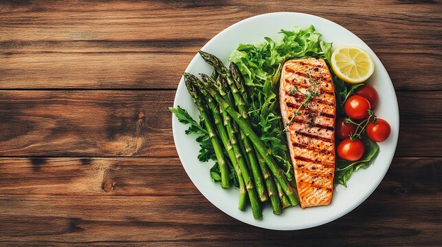 Grilled salmon with asparagus and cherry tomatoes on a plate. Healthy meal