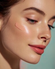 Closeup of a young woman using cheek tint smooth radiant skin natural beauty look soft lighting isolated on a pastel background premium cosmetic photography