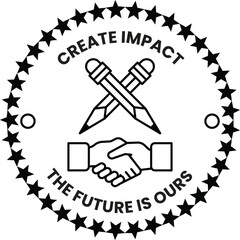A black and white logo with two pencils and a handshake