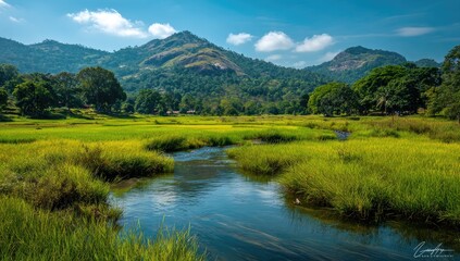 Serene paddy fields, a meandering stream reflects a vibrant blue sky, lush greenery, and rolling hills under a partly cloudy sky