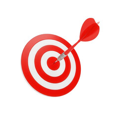 Red and white dartboard with dart hitting the bullseye isolated on transparent background