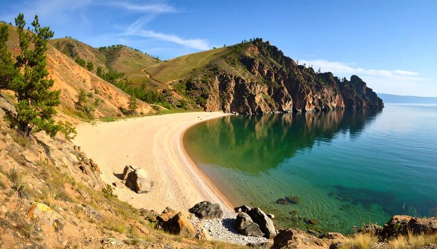 Scenic View of Serene Beach in Lake Baikal Russia with Mountains - Powered by Adobe
