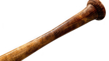 A close up shot of a wooden baseball bat with a black background showing the handle and barrel detail