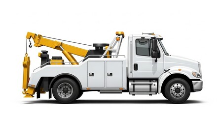 Fototapeta premium White tow truck with yellow boom isolated on white background for roadside assistance