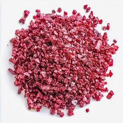 closeup of crushed sumac spice deep red color with granulated texture macro photography clean white background