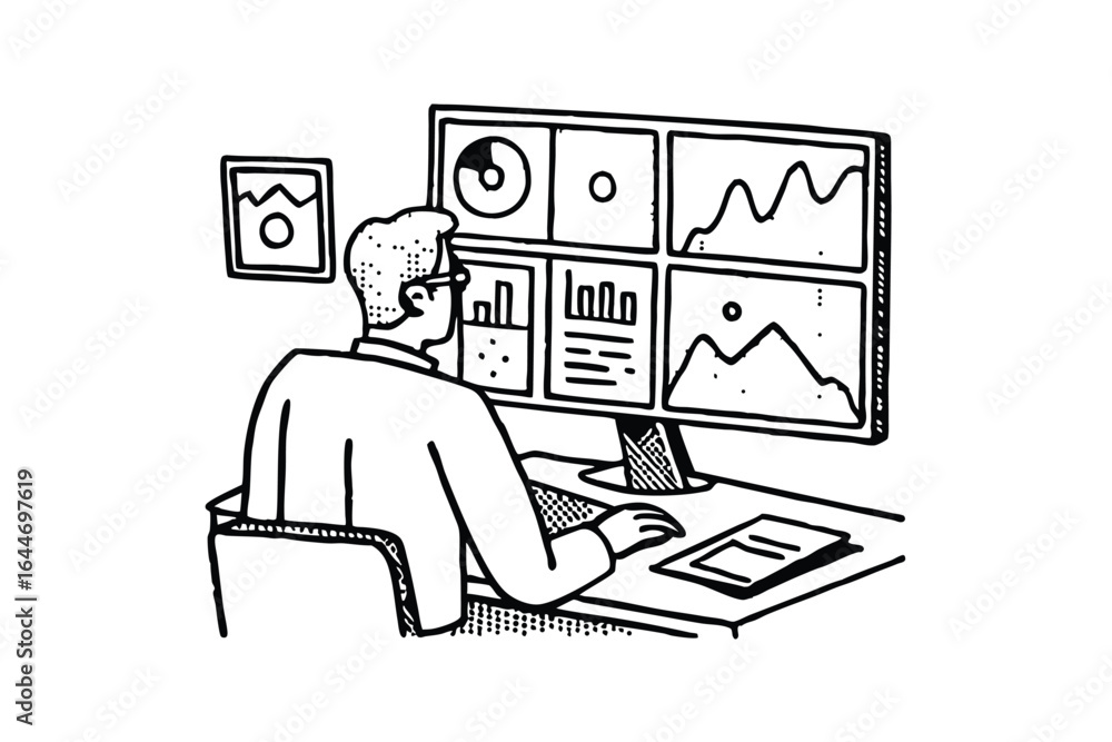 Poster digital security and data protection concept with person interacting with network diagram
