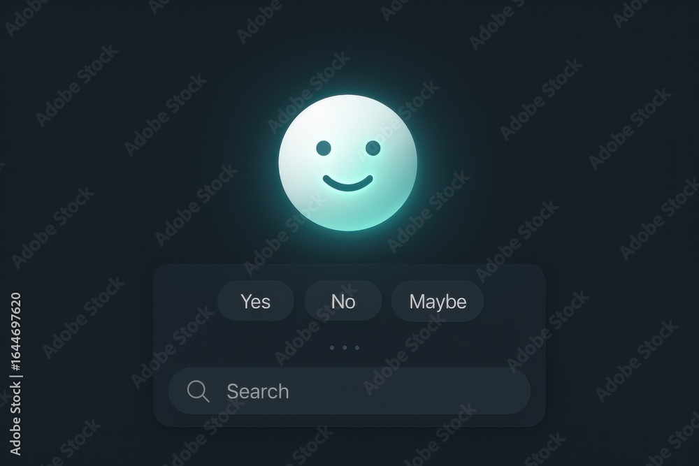Poster minimal glowing smiley face ai chatbot interface with yes no maybe options