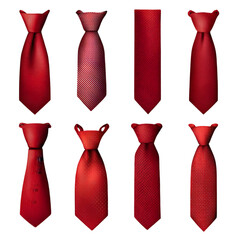 Collection of eight red ties in different styles and textures arranged on a black background neatly displayed on transparent background