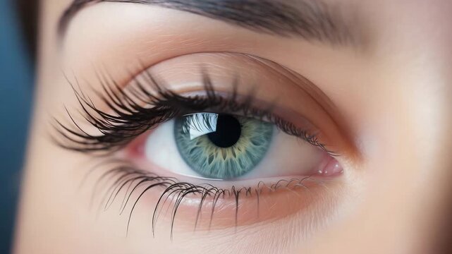 Young beatiful female with natural light blue, yellow and brown color pigmentation on the Iris. Womans face detail macro video of the eye. Eye with big lashes, close up