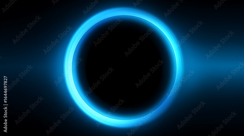 Poster a glowing blue circle surrounding a black void in a dark abstract space with a subtle light streak