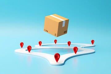 Package delivery route planning with location markers and a floating parcel