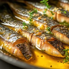 closeup of sardine fillets in olive oil with glossy finish, macro seafood photography, rustic presentation