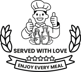 A man in a chef's hat is holding two bottles and giving thumbs up