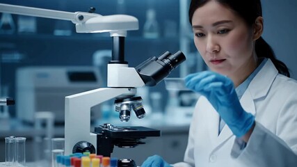 Female Scientist Examining Samples under Microscope in Modern Laboratory - Powered by Adobe