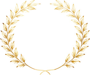 Elegant gold minimal laurel wreath frame vector, thin symmetrical branches with detailed leaves, transparent background, perfect for award, logo, and invitation