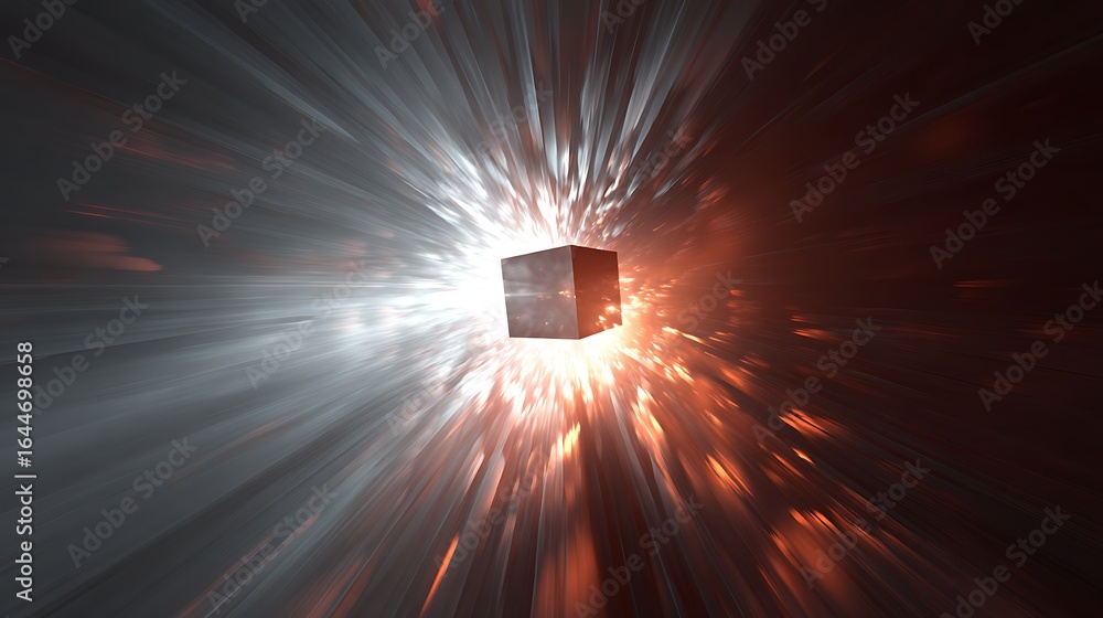 Poster a mesmerizing abstract cube emitting powerful rays of light, creating a dynamic explosion of energy 