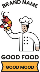 A chef holding a shrimp in his hand with a white background