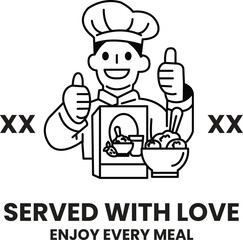 A chef is smiling and giving thumbs up to a box of food