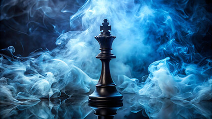 Black chess king in blue smoke and fog for strategic game concept photography and dramatic competitive sports background