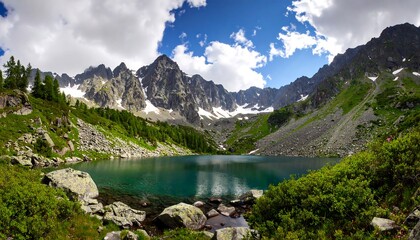 Serene alpine lake reflecting towering mountains and cloudy skies landscape