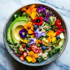 Colorful salad bowl with avocado quinoa and edible flowers marble background