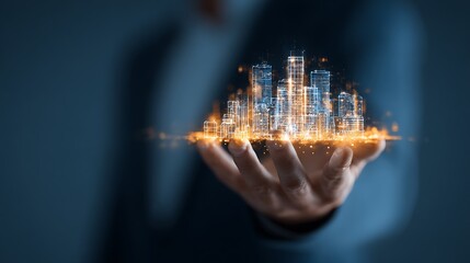 A hand holding a glowing city skyline hologram against a blurred blue background in a modern concept