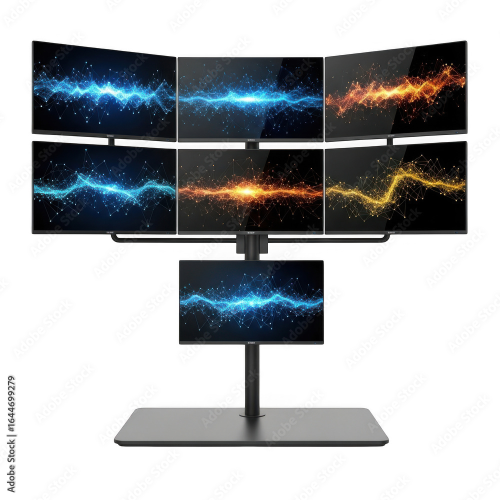 Aufkleber multiple computer monitors displaying vibrant abstract energy waves, isolated on a transparent backg