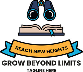 The logo is a pair of binoculars with a book and ribbon