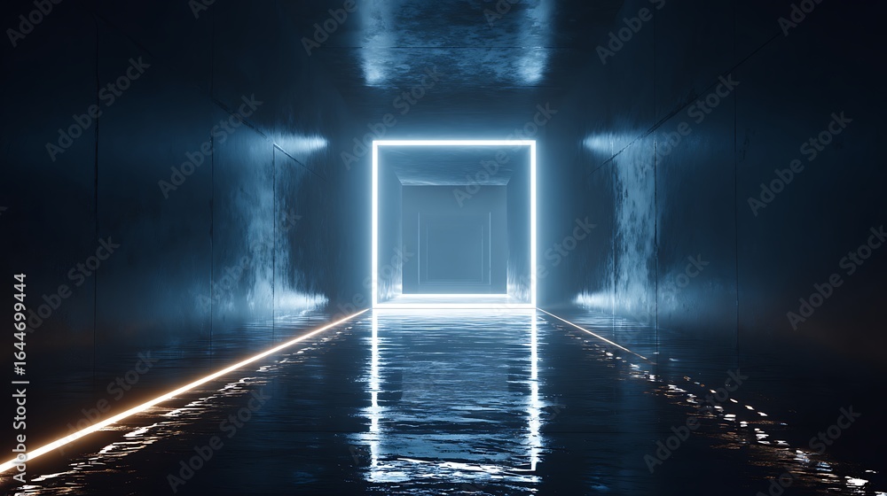 Poster futuristic tunnel with neon square and water reflections, creating a modern and abstract background 