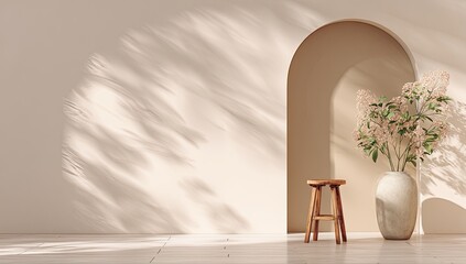 Minimalist interior scene with arched niche, wooden stool, pale vase of dried flowers, and dappled sunlight casting shadows on a light beige wall