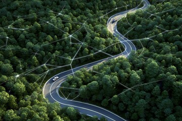 Aerial view of winding road through dense forest with connected network visualization overlayed