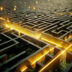 conceptual maze filled with pulsing glowing paths of possibility