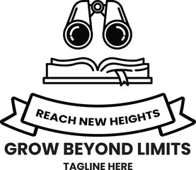 The logo is a pair of binoculars with a book and ribbon