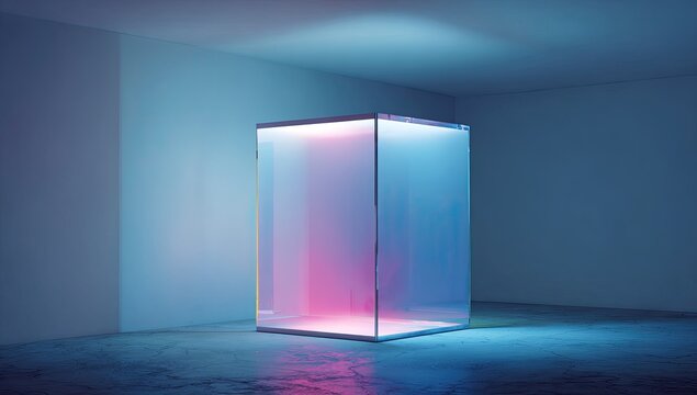 A translucent cube, internally illuminated with pink and blue light, sits on a concrete floor in a minimalist white room, bathed in cool light