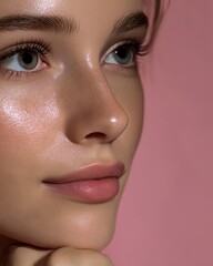 Fototapeta premium Closeup of a young woman using blemish treatment smooth radiant skin natural beauty look soft lighting isolated on a pastel background premium cosmetic photography