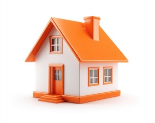 3D model of a small, stylized house.  Orange roof and trim, white walls.  Simple design, front view, isolated on white background