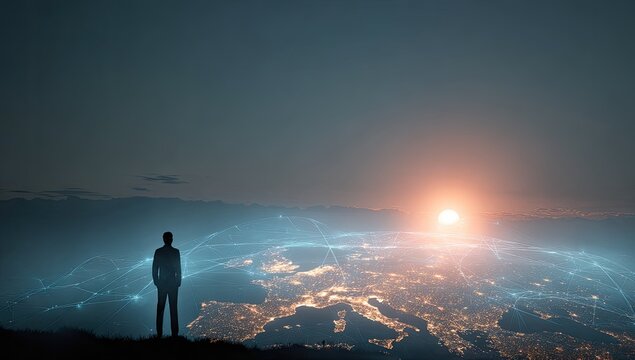 Silhouetted businessman on a hilltop, gazing at a glowing, interconnected world below a setting sun.  Digital network lines connect the illuminated cityscape