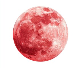 A vibrant, full, red moon against a white background. The moon's surface shows varied shades of red, with textured craters and highlands