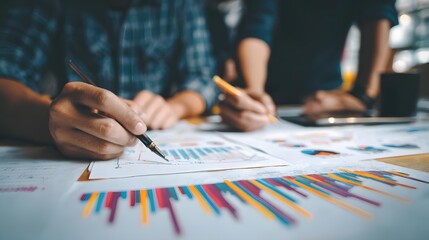 Oil paint effect of team analyzing market research charts on table