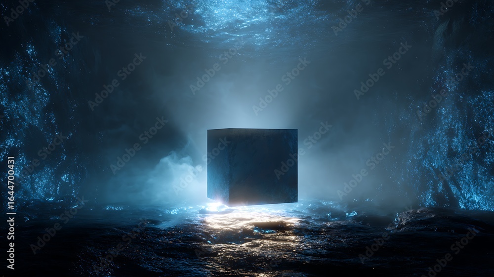 Poster a glowing cube in a dark, misty environment, surrounded by water and light, creating a mysterious an