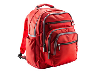 Red backpack isolated on transparent background for travel or school use