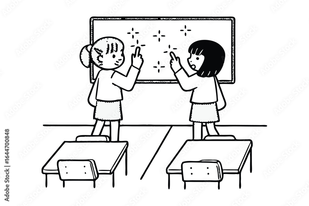 Poster two people in a video call pointing at a shared screen with a presentation