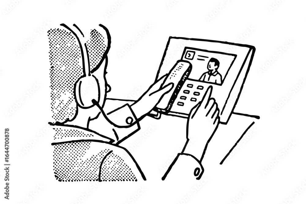 Poster customer service representative with headset on smartphone screen and abstract elements