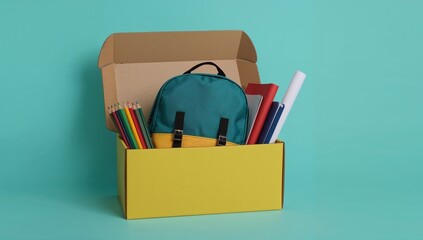 Open cardboard box filled with school supplies, including a teal backpack, books, and colored pencils.